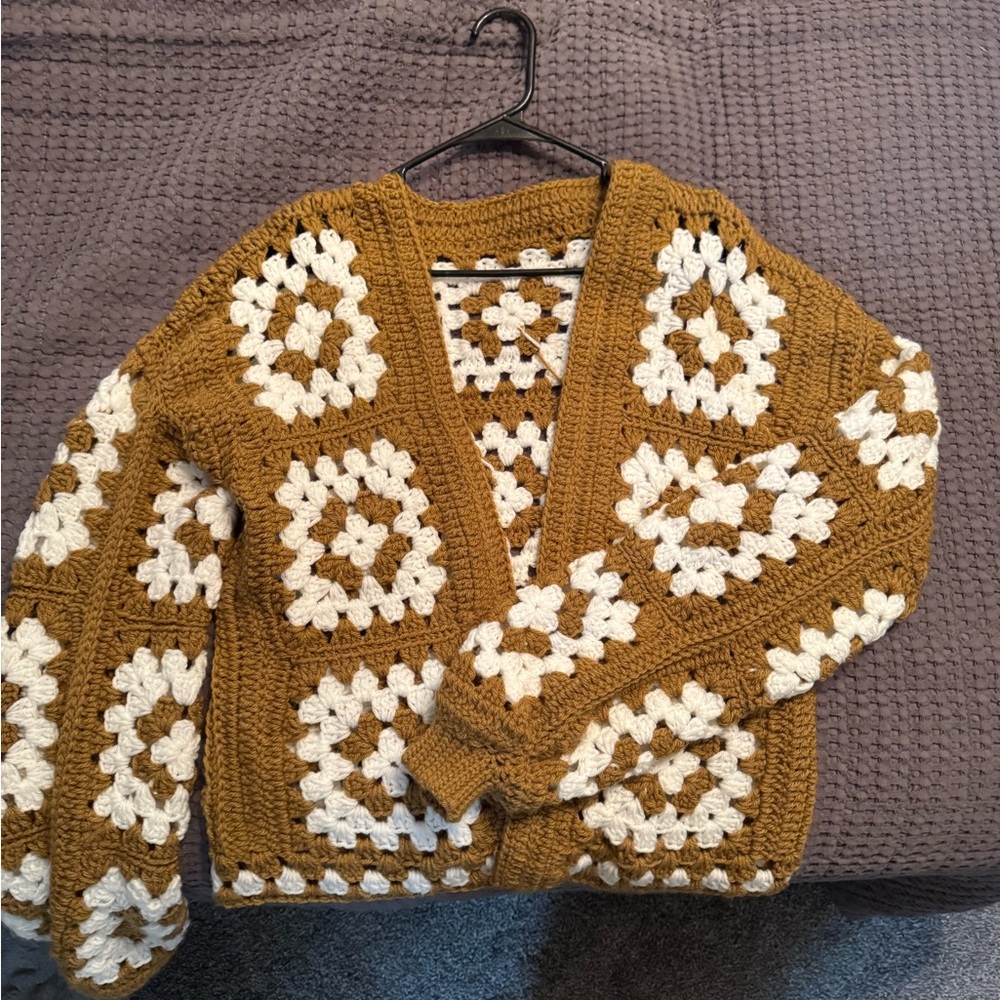 Cozy Tan and White Crochet Cardigan